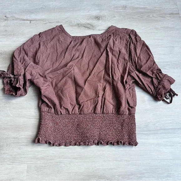 Abercrombie & Fitch Brown White Polka Dot V Neck Smocked Shirt Women's SZ M - Picture 6 of 6